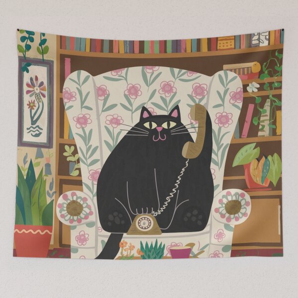 Item preview, Lover of old phones! A cute black kitten is chilling in an armchair calling friends on an old telephone with a handset and a dial pad.  designed and sold by SaraSumi.