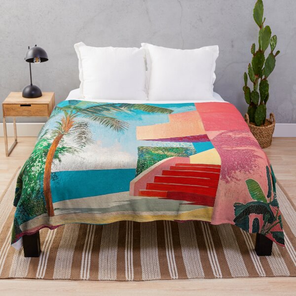 Item preview, Tropical painting with palm tree and colorful architecture designed and sold by FlatLandPrints.