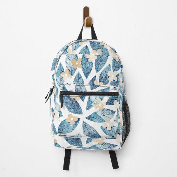 Item preview, Cute pale beige flowers and bold blue bay leaves on white background. Botanical illustration. designed and sold by helga-wigandt.
