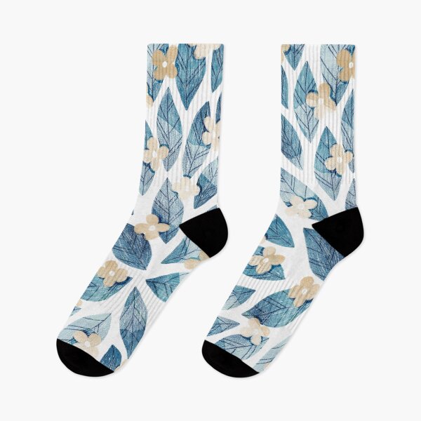 Item preview, Cute pale beige flowers and bold blue bay leaves on white background. Botanical illustration. designed and sold by helga-wigandt.