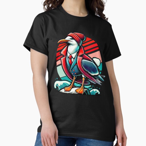 Vista previa del artículo con la obra «Ilustración de gaviota de moda: arte costero elegante con gorro y chaqueta roja», diseñado y vendido por DrawHandArt.