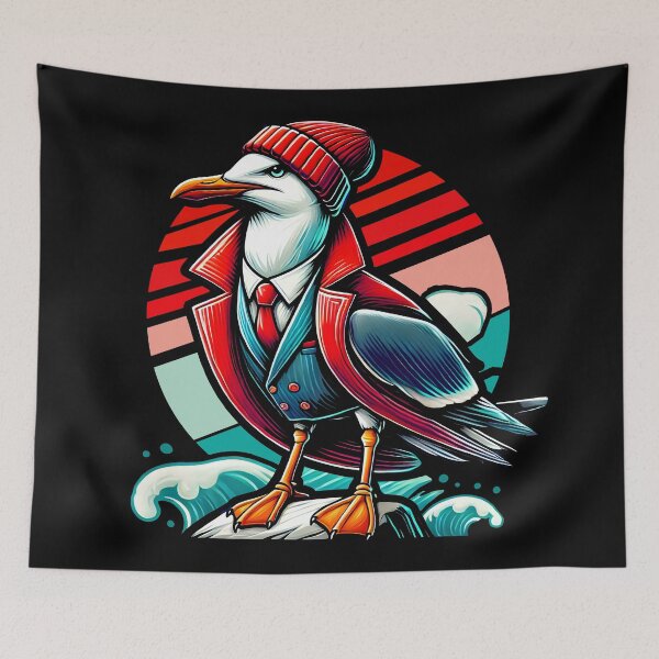Item preview, Trendy Seagull Illustration - Stylish Coastal Art with Beanie and Red Jacket designed and sold by DrawHandArt.