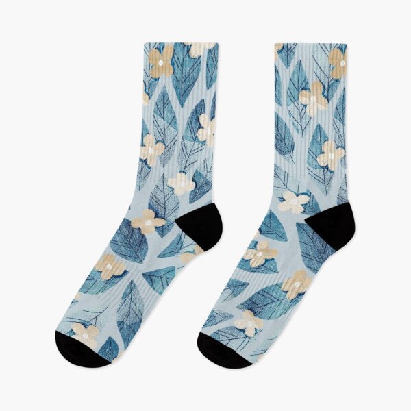Item preview, Cute pale beige flowers and bold blue bay leaves on light blue background. Botanical illustration. designed and sold by helga-wigandt.