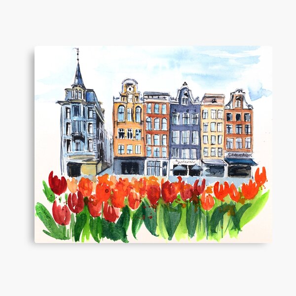 Item preview, Amsterdam houses with tulips watercolor illustration designed and sold by LiliyaSavelieva.