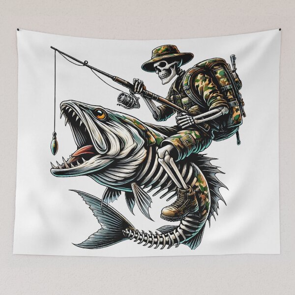 Item preview, Skeleton Fisherman Riding Giant Fish – Hardcore Tactical Fishing Art for Anglers & Outdoor Enthusiasts designed and sold by DrawHandArt.
