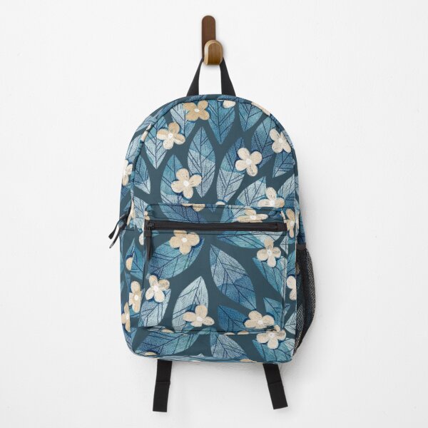 Item preview, Cute pale beige flowers and bold dark blue bay leaves on light blue background. Botanical illustration. designed and sold by helga-wigandt.