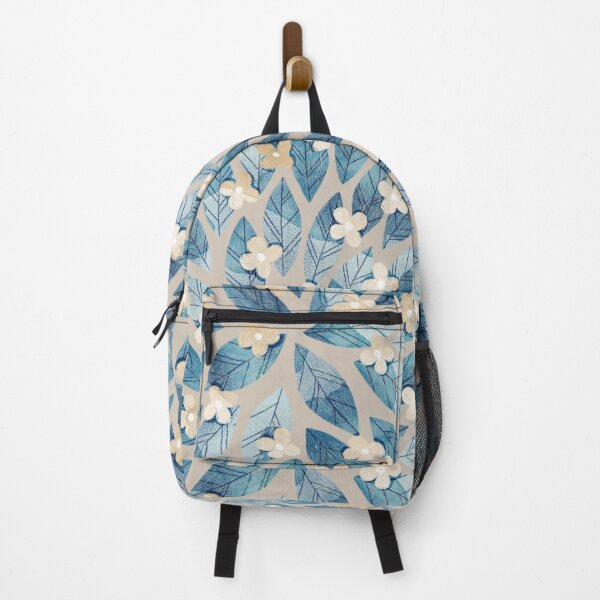Item preview, Cute pale beige flowers and bold blue bay leaves on taupe background. Botanical illustration. designed and sold by helga-wigandt.