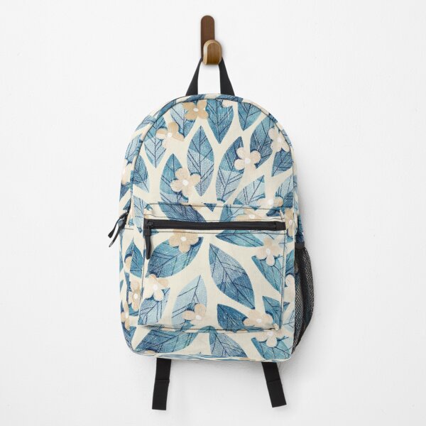 Item preview, Cute pale beige flowers and bold blue bay leaves on beige background. Botanical illustration. designed and sold by helga-wigandt.