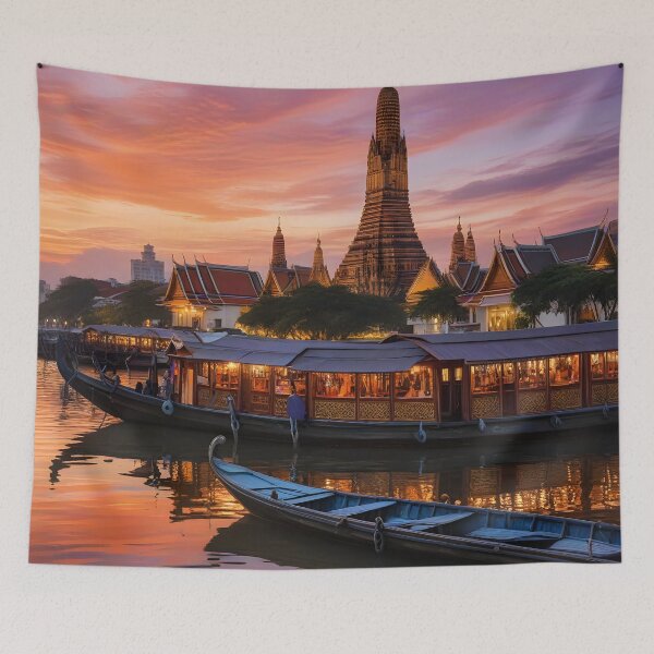 Artikelvorschau, Bangkok, Thailand: Sonnenuntergang über dem Chao Phraya und Wat Arun entworfen und verkauft von LSVart.