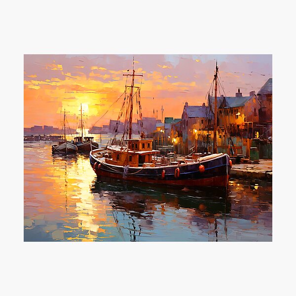 Item preview, Fishing boats in harbour at sunrise - Impasto painting designed and sold by TheArtistOf2022.