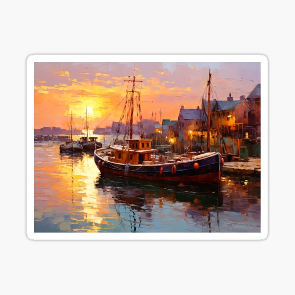 Item preview, Fishing boats in harbour at sunrise - Impasto painting designed and sold by TheArtistOf2022.