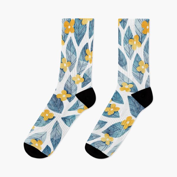 Item preview, Cute yellow flowers and bold blue bay leaves on white background. Botanical illustration. designed and sold by helga-wigandt.