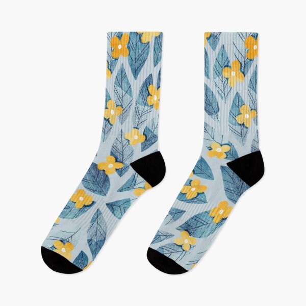 Item preview, Cute yellow flowers and bold blue bay leaves on light blue background. Botanical illustration. designed and sold by helga-wigandt.