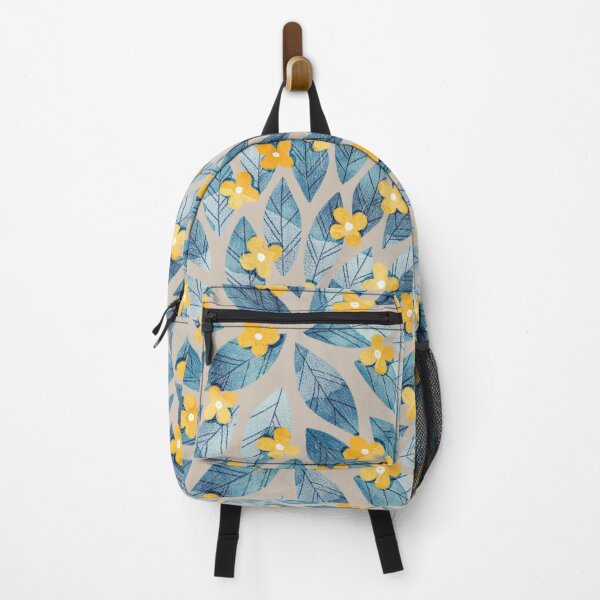 Item preview, Cute yellow flowers and bold blue bay leaves on taupe background. Botanical illustration. designed and sold by helga-wigandt.