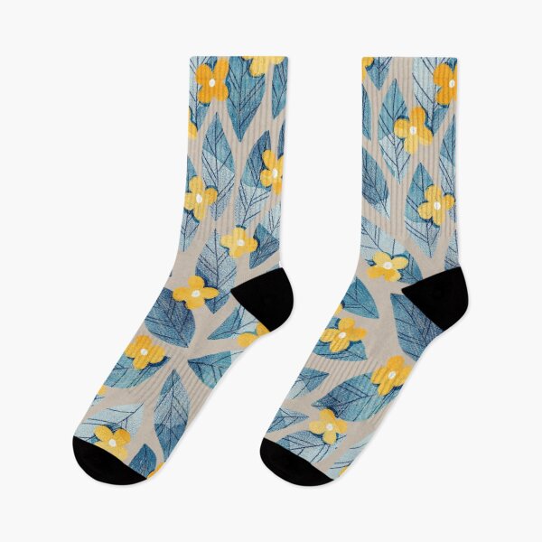 Item preview, Cute yellow flowers and bold blue bay leaves on taupe background. Botanical illustration. designed and sold by helga-wigandt.
