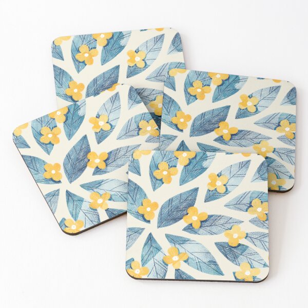 Item preview, Cute yellow flowers and bold blue bay leaves on beige background. Botanical illustration. designed and sold by helga-wigandt.