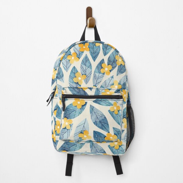 Item preview, Cute yellow flowers and bold blue bay leaves on beige background. Botanical illustration. designed and sold by helga-wigandt.