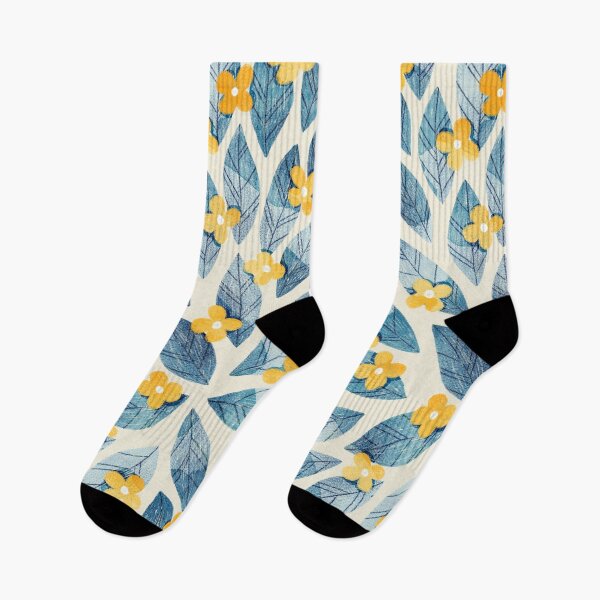 Item preview, Cute yellow flowers and bold blue bay leaves on beige background. Botanical illustration. designed and sold by helga-wigandt.