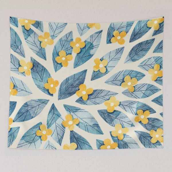 Item preview, Cute yellow flowers and bold blue bay leaves on beige background. Botanical illustration. designed and sold by helga-wigandt.