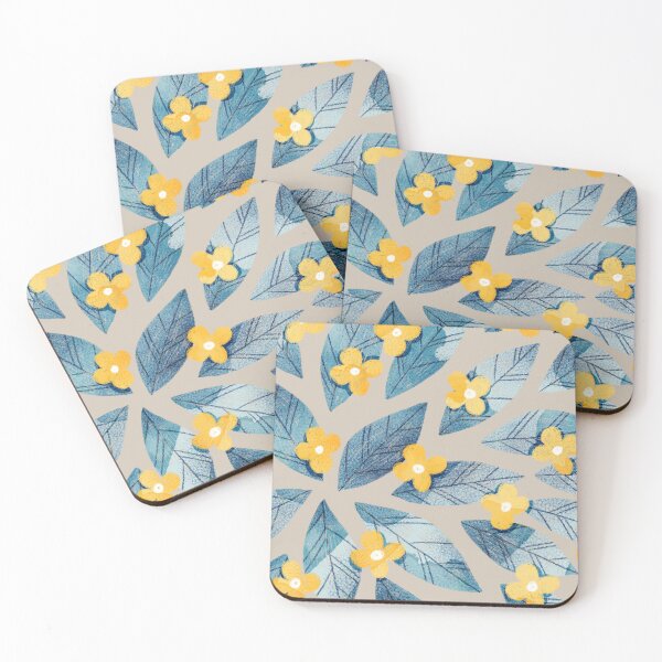 Item preview, Cute yellow flowers and bold blue bay leaves on taupe background. Botanical illustration. designed and sold by helga-wigandt.