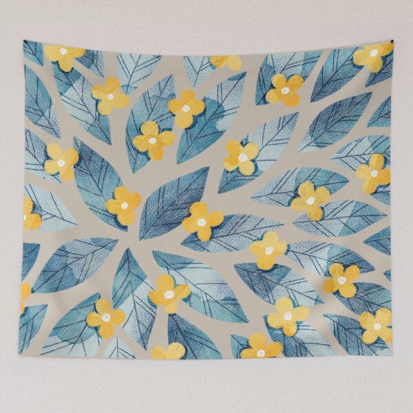 Item preview, Cute yellow flowers and bold blue bay leaves on taupe background. Botanical illustration. designed and sold by helga-wigandt.