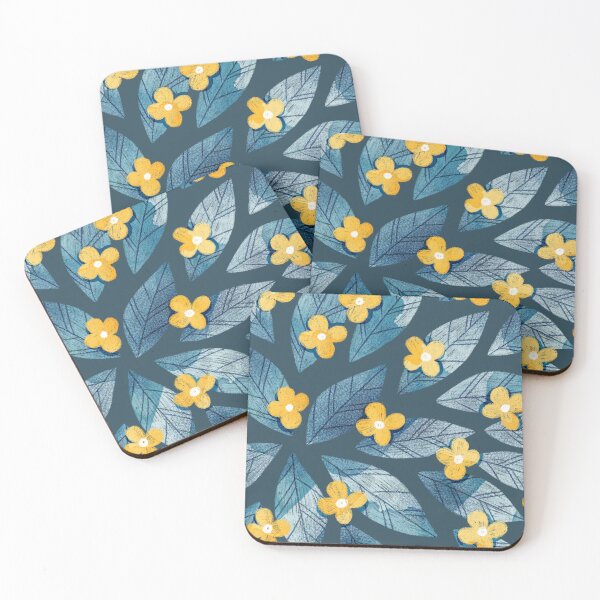 Item preview, Cute yellow flowers and bold dark blue bay leaves on dark blue background. Botanical illustration. designed and sold by helga-wigandt.