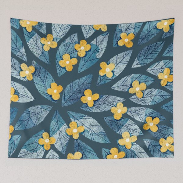 Item preview, Cute yellow flowers and bold dark blue bay leaves on dark blue background. Botanical illustration. designed and sold by helga-wigandt.