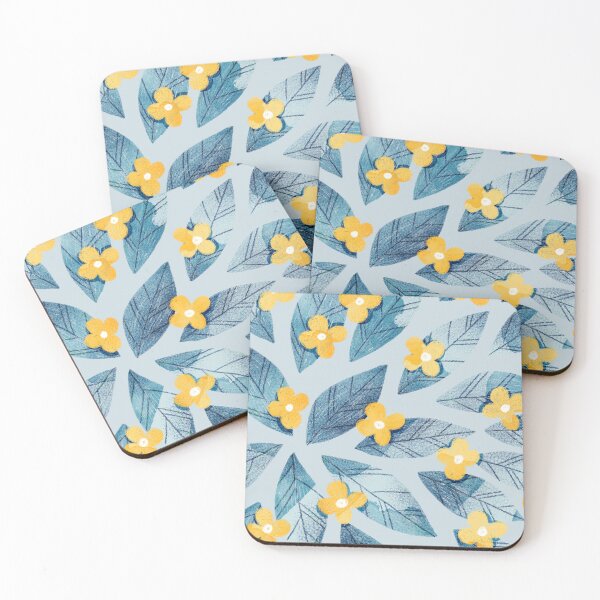 Item preview, Cute yellow flowers and bold blue bay leaves on light blue background. Botanical illustration. designed and sold by helga-wigandt.