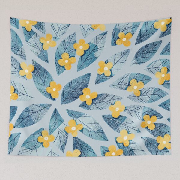 Item preview, Cute yellow flowers and bold blue bay leaves on light blue background. Botanical illustration. designed and sold by helga-wigandt.