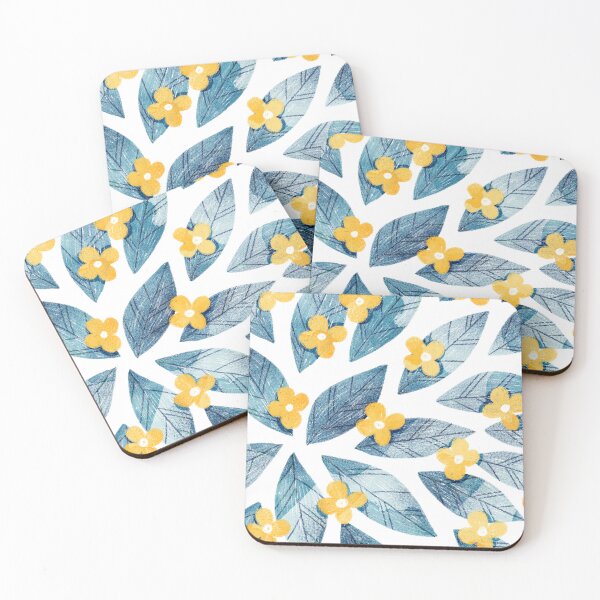 Item preview, Cute yellow flowers and bold blue bay leaves on white background. Botanical illustration. designed and sold by helga-wigandt.