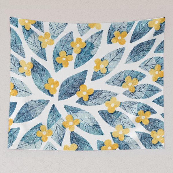 Item preview, Cute yellow flowers and bold blue bay leaves on white background. Botanical illustration. designed and sold by helga-wigandt.