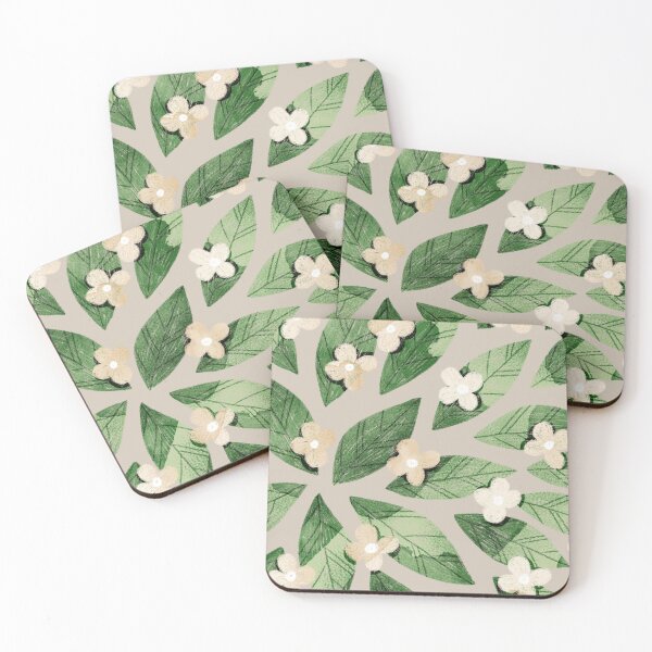 Item preview, Cute pale beige flowers and bold green bay leaves on taupe background. Botanical illustration. designed and sold by helga-wigandt.