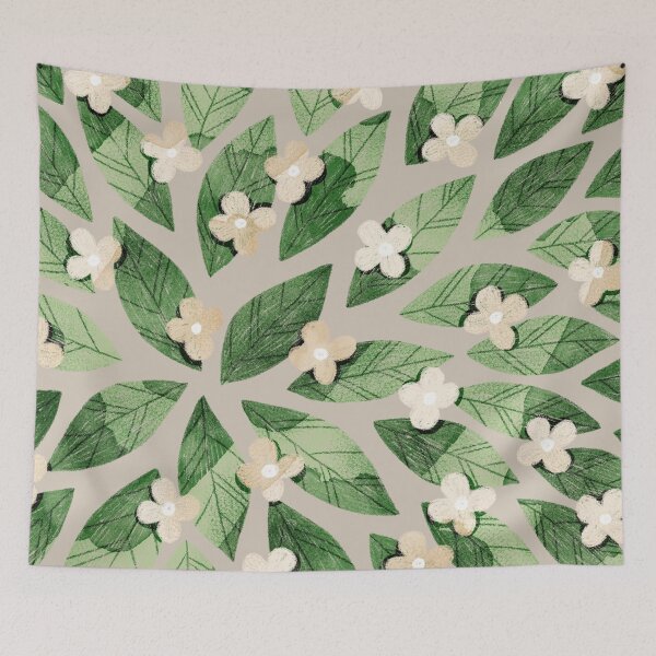Item preview, Cute pale beige flowers and bold green bay leaves on taupe background. Botanical illustration. designed and sold by helga-wigandt.
