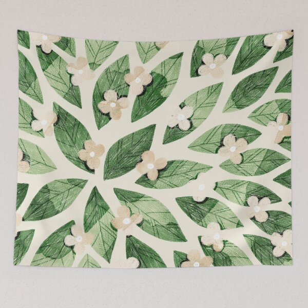 Item preview, Cute pale beige flowers and bold green bay leaves on beige background. Botanical illustration. designed and sold by helga-wigandt.