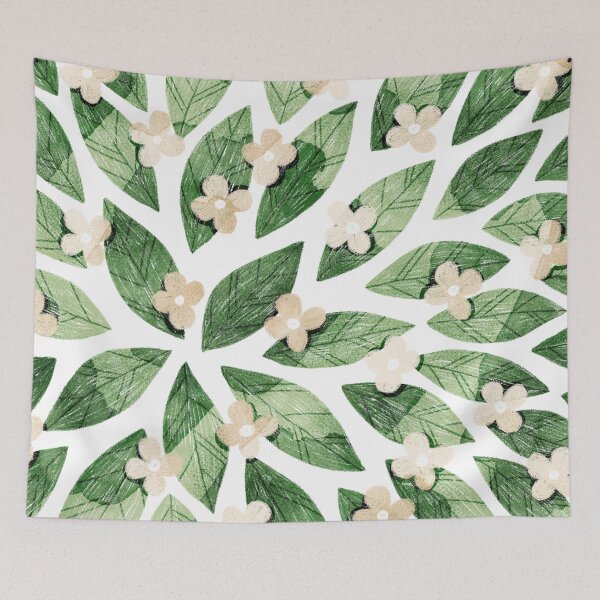 Item preview, Cute pale beige flowers and bold green bay leaves on white background. Botanical illustration. designed and sold by helga-wigandt.