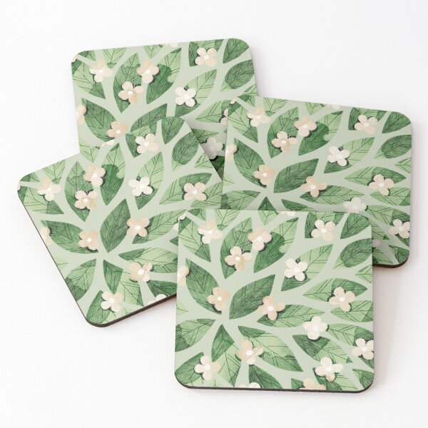 Item preview, Cute pale beige flowers and bold green bay leaves on pastel green background. Botanical illustration. designed and sold by helga-wigandt.