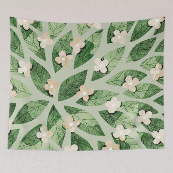 Item preview, Cute pale beige flowers and bold green bay leaves on pastel green background. Botanical illustration. designed and sold by helga-wigandt.
