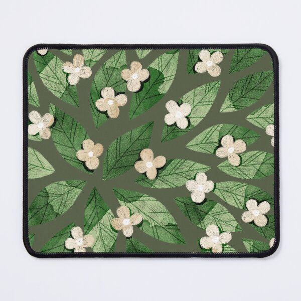 Item preview, Cute pale beige flowers and bold green bay leaves on dark green background. Botanical illustration. designed and sold by helga-wigandt.