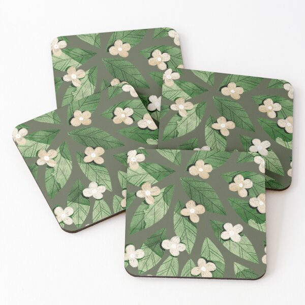 Item preview, Cute pale beige flowers and bold green bay leaves on dark green background. Botanical illustration. designed and sold by helga-wigandt.