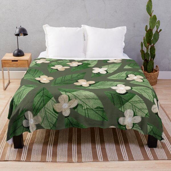 Item preview, Cute pale beige flowers and bold green bay leaves on dark green background. Botanical illustration. designed and sold by helga-wigandt.