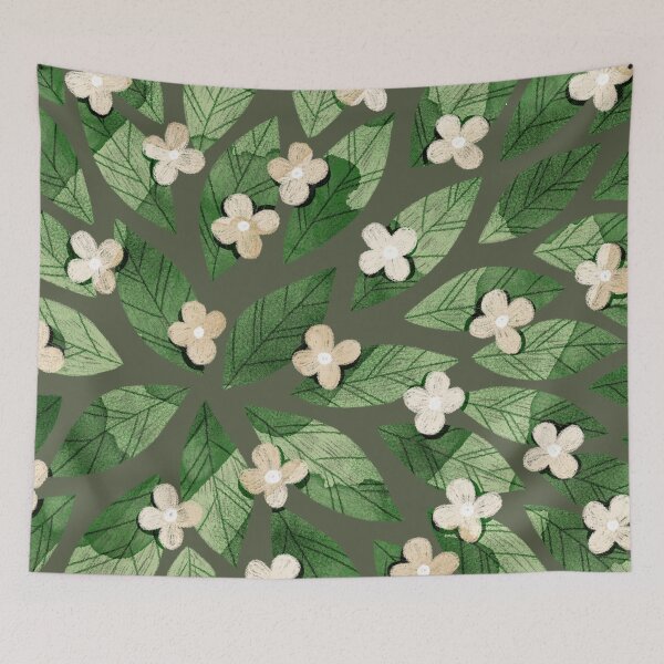 Item preview, Cute pale beige flowers and bold green bay leaves on dark green background. Botanical illustration. designed and sold by helga-wigandt.