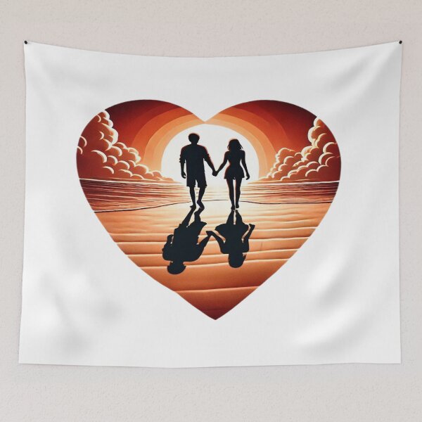 Item preview, Romantic Couple Holding Hands Walking Towards Radiant Sunset on Beach with Heart Shape designed and sold by KreaDesignOne.