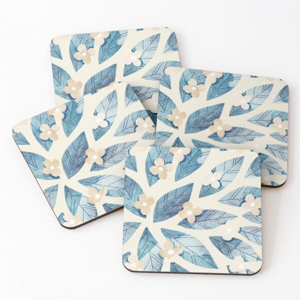 Item preview, Cute pale beige flowers and bold blue bay leaves on beige background. Botanical illustration. designed and sold by helga-wigandt.