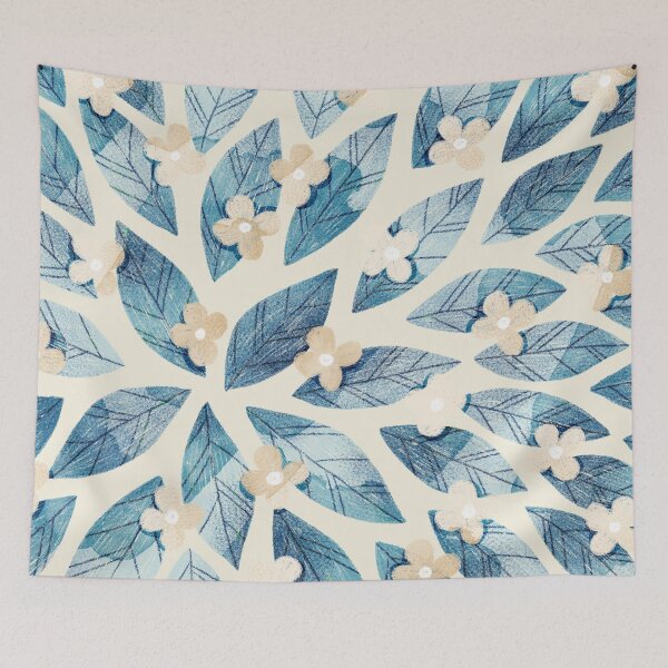 Item preview, Cute pale beige flowers and bold blue bay leaves on beige background. Botanical illustration. designed and sold by helga-wigandt.