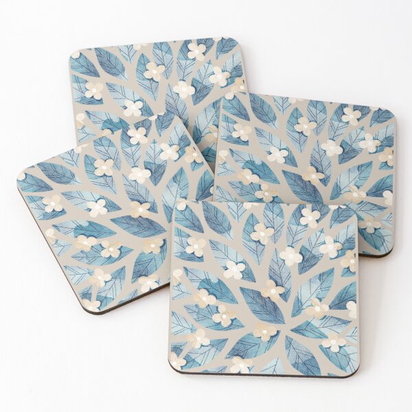 Item preview, Cute pale beige flowers and bold blue bay leaves on taupe background. Botanical illustration. designed and sold by helga-wigandt.