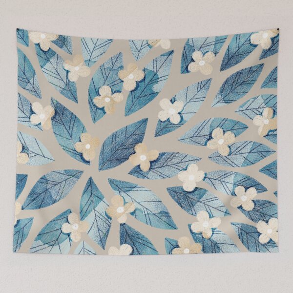 Item preview, Cute pale beige flowers and bold blue bay leaves on taupe background. Botanical illustration. designed and sold by helga-wigandt.