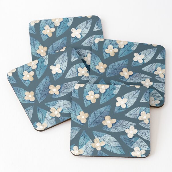 Item preview, Cute pale beige flowers and bold dark blue bay leaves on light blue background. Botanical illustration. designed and sold by helga-wigandt.