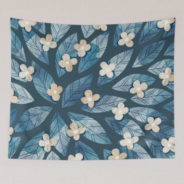 Item preview, Cute pale beige flowers and bold dark blue bay leaves on light blue background. Botanical illustration. designed and sold by helga-wigandt.
