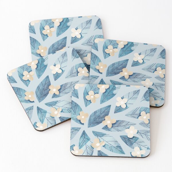 Item preview, Cute pale beige flowers and bold blue bay leaves on light blue background. Botanical illustration. designed and sold by helga-wigandt.