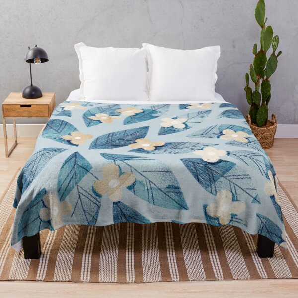 Item preview, Cute pale beige flowers and bold blue bay leaves on light blue background. Botanical illustration. designed and sold by helga-wigandt.